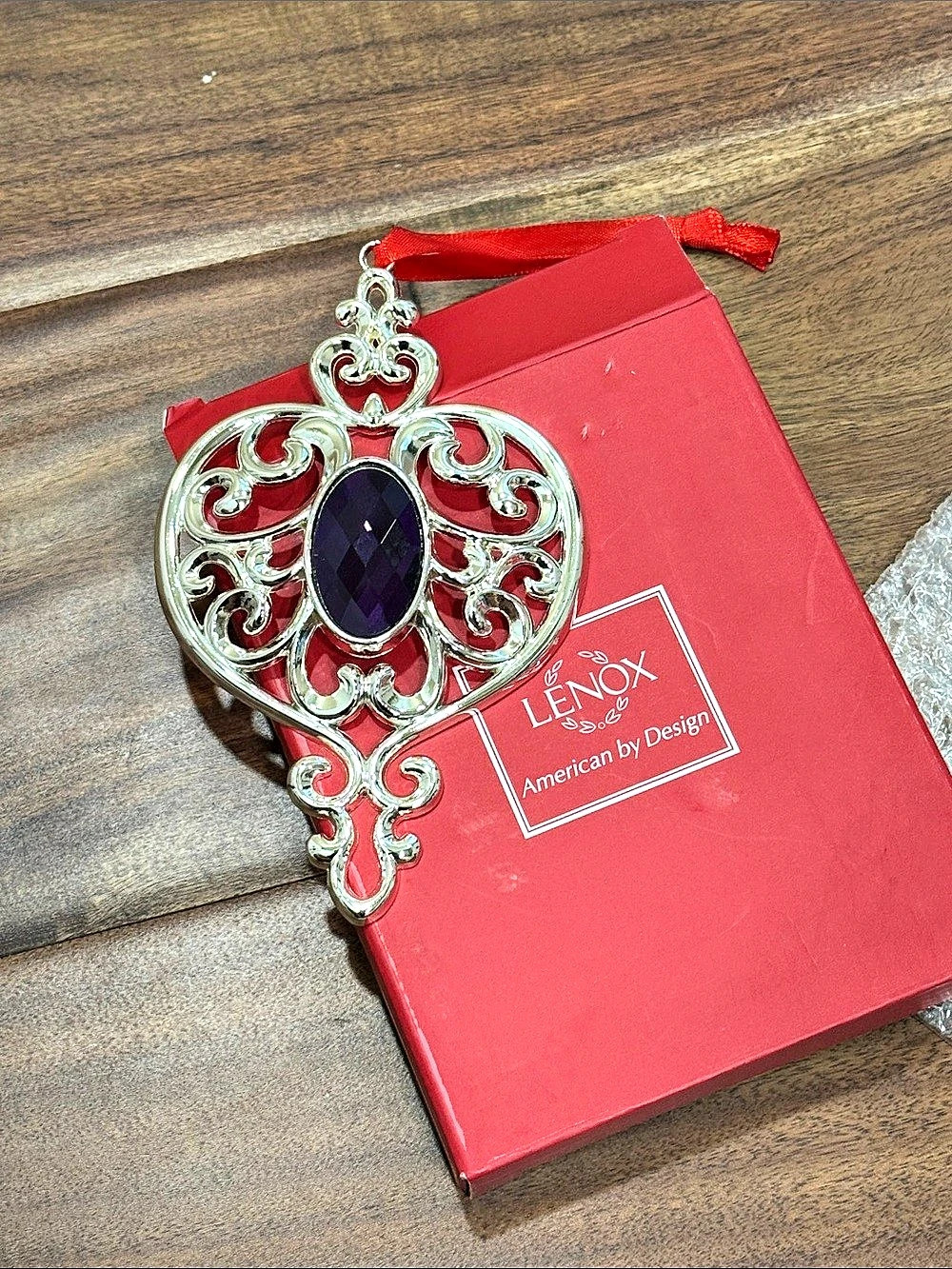 Lenox Bejeweled Scroll Heart Ornament Purple & Silver